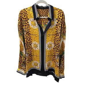 Vintage Men's Creme De Silk Button Up Shirt Lion Print Baroque Theme Gold, M